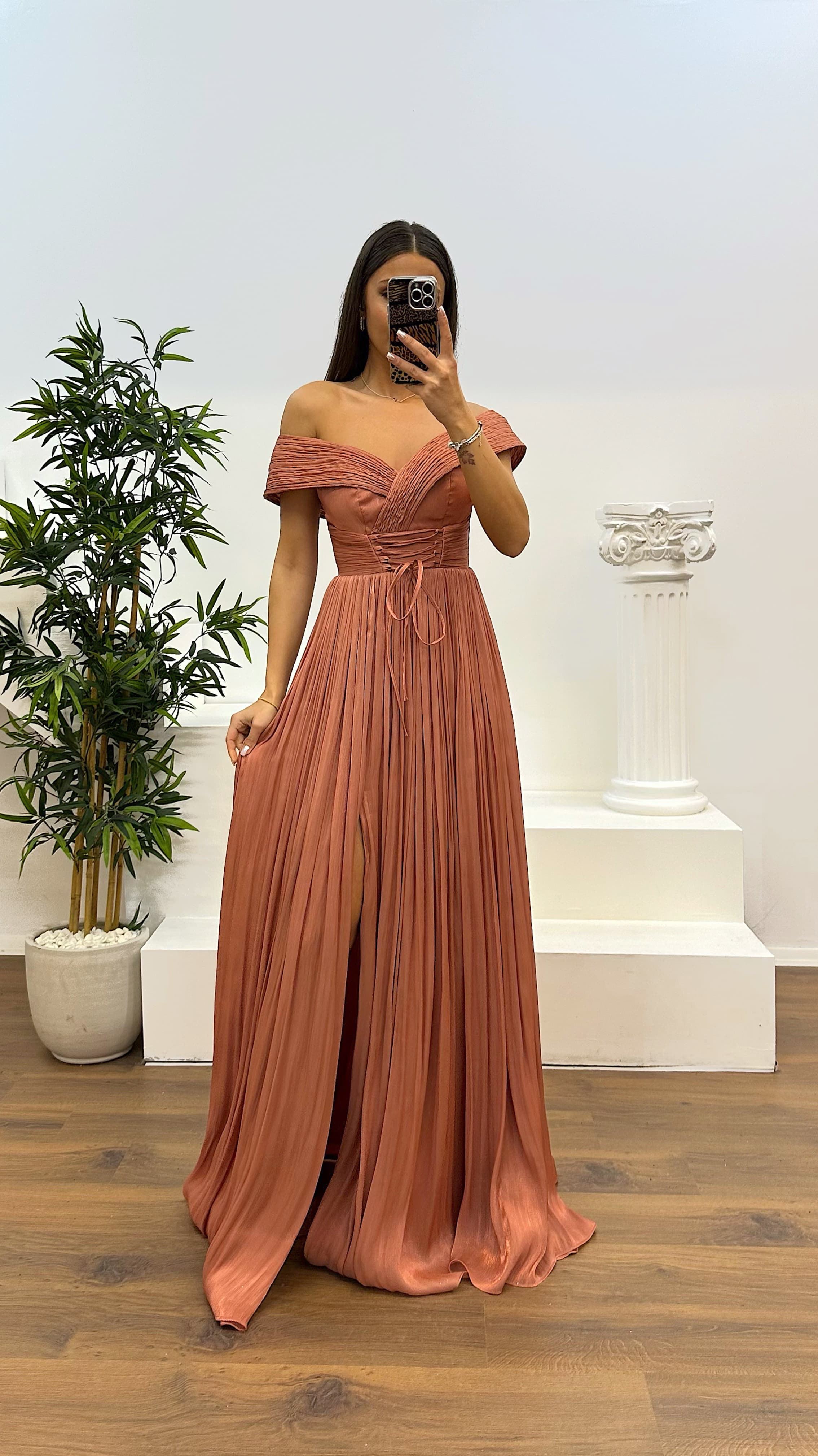 Madonna Neck Pleated Evening Dress