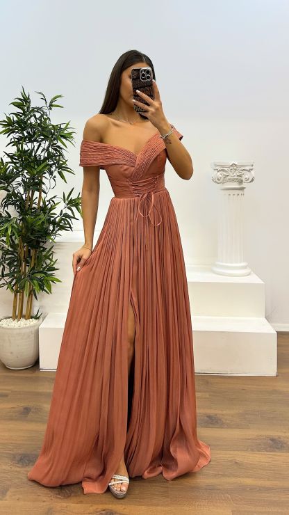 Madonna Neck Pleated Evening Dress