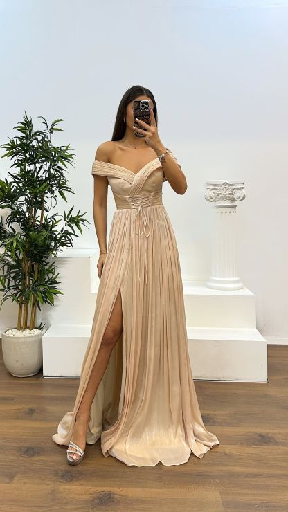 Madonna Neck Pleated Evening Dress