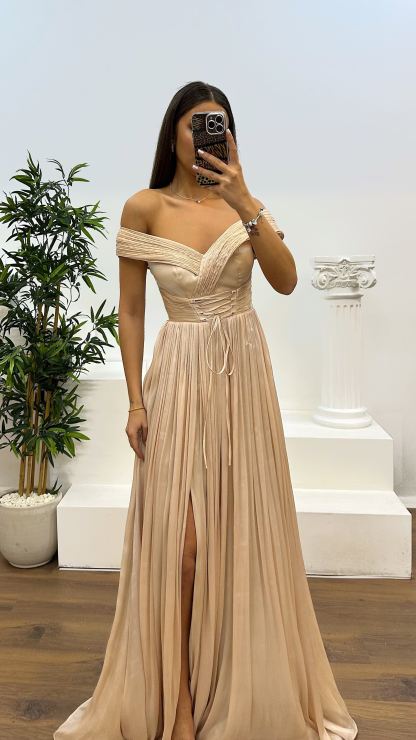 Madonna Neck Pleated Evening Dress