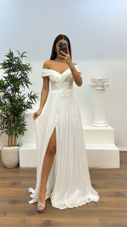 Madonna Neck Pleated Evening Dress