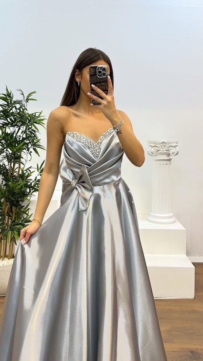 Strapless Bow Detail Evening Dress
