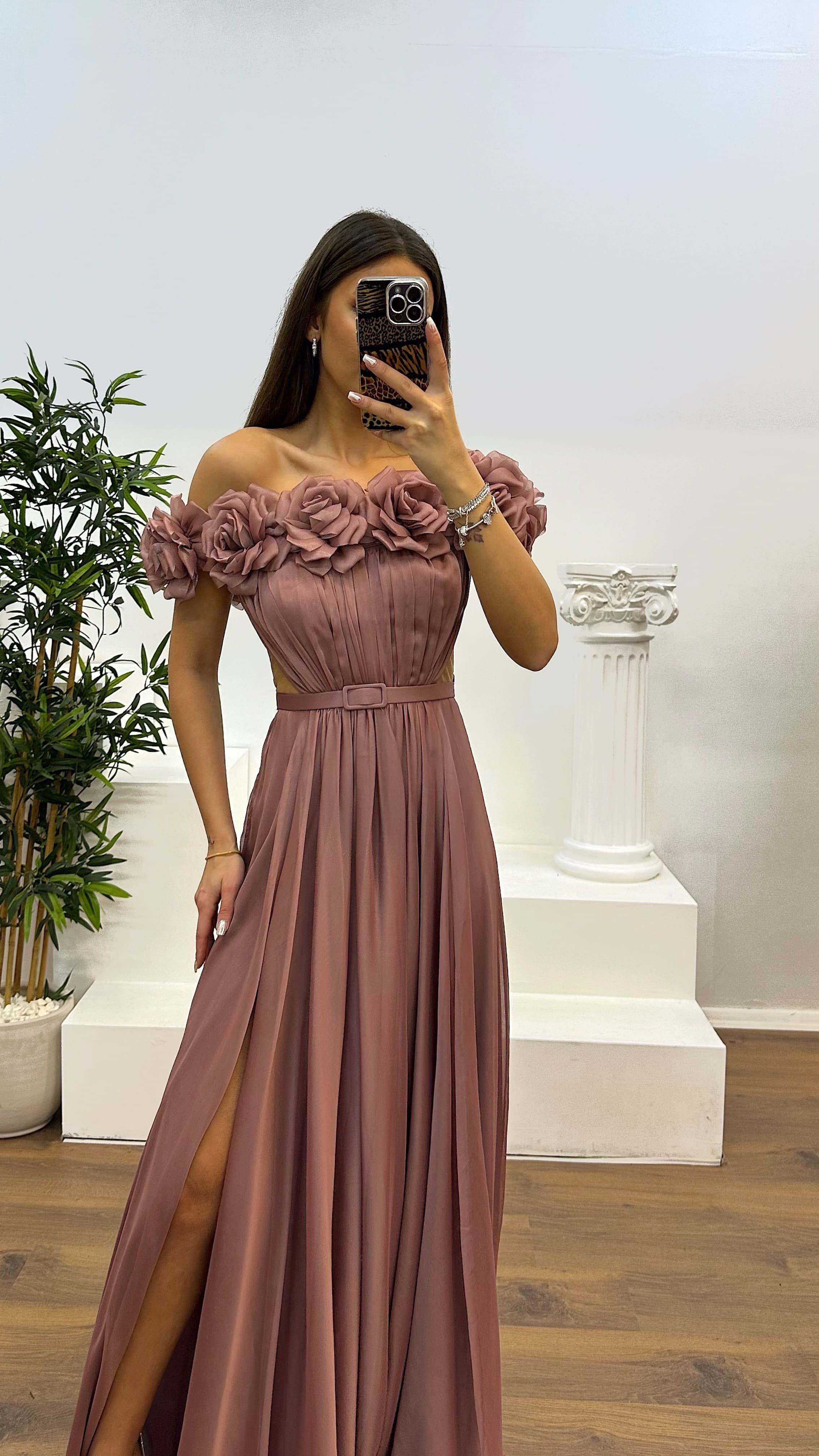 Strapless Chest Rose Waist Detail Evening Dress