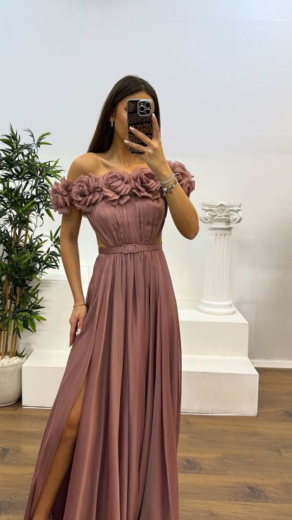 Strapless Chest Rose Waist Detail Evening Dress
