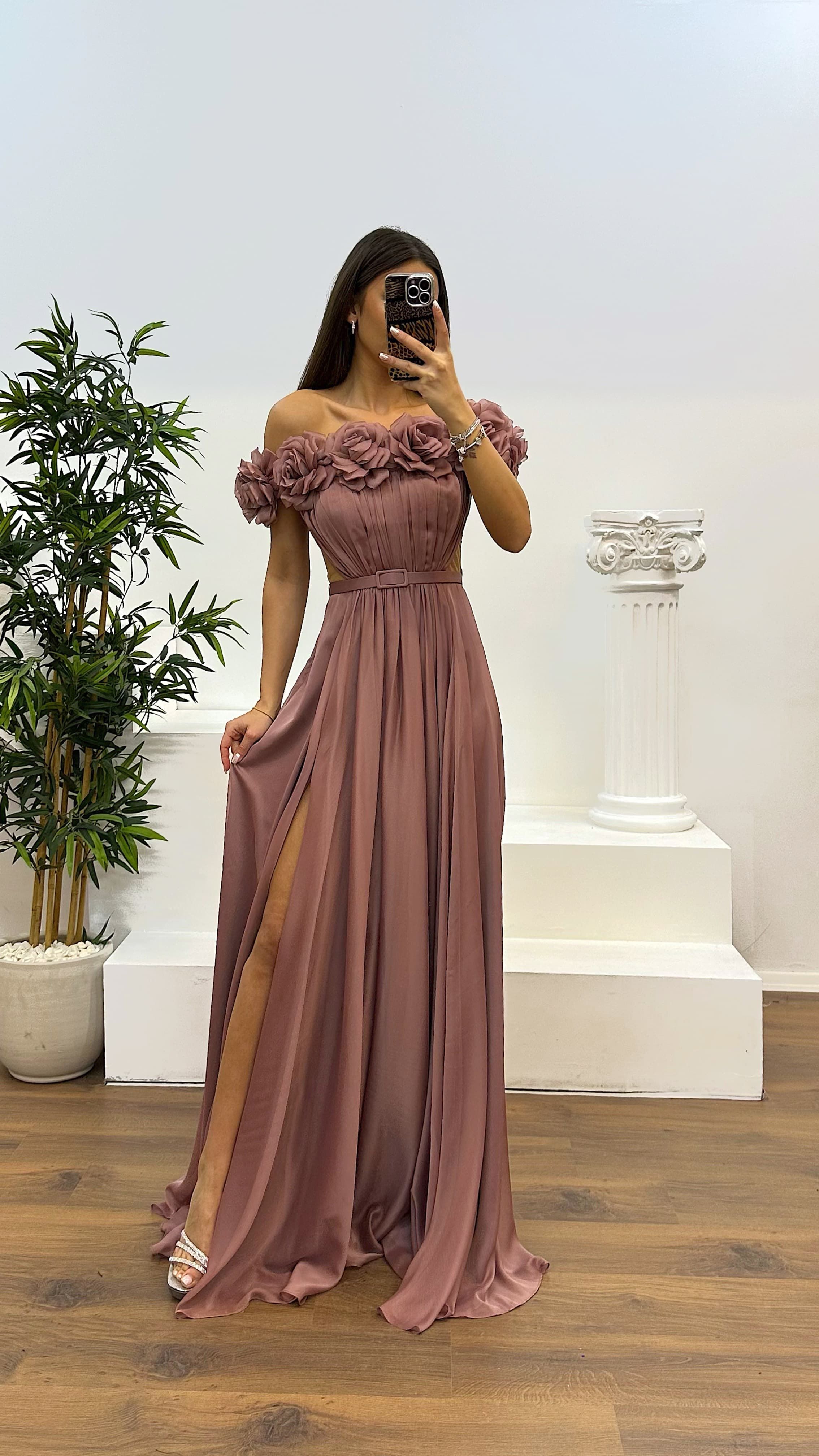 Strapless Chest Rose Waist Detail Evening Dress