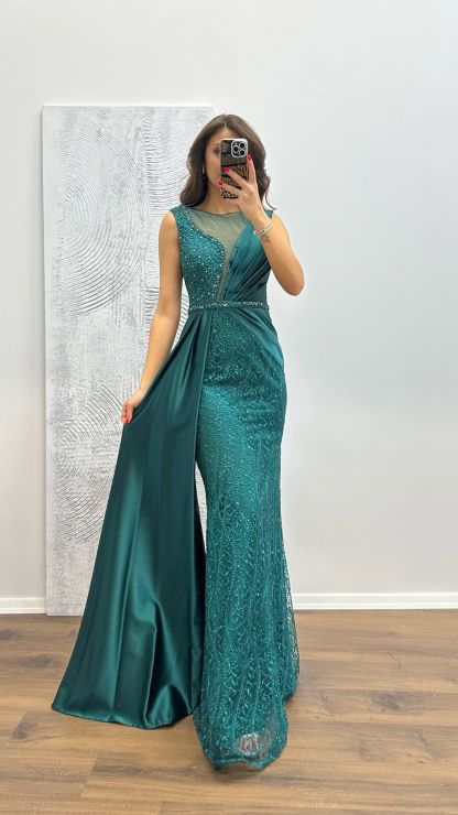 Embroidered Draped Satin Evening Dress
