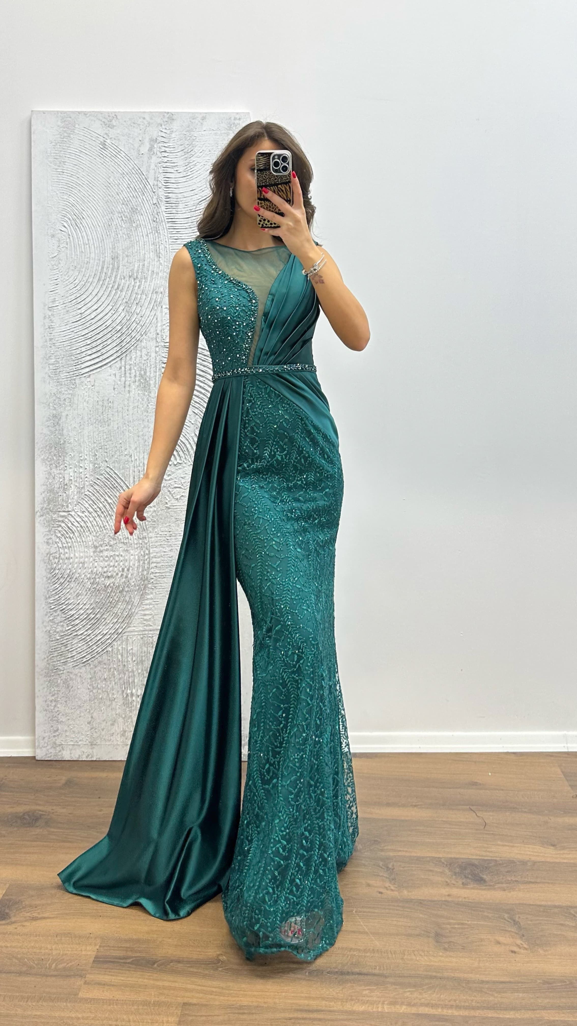 Embroidered Draped Satin Evening Dress
