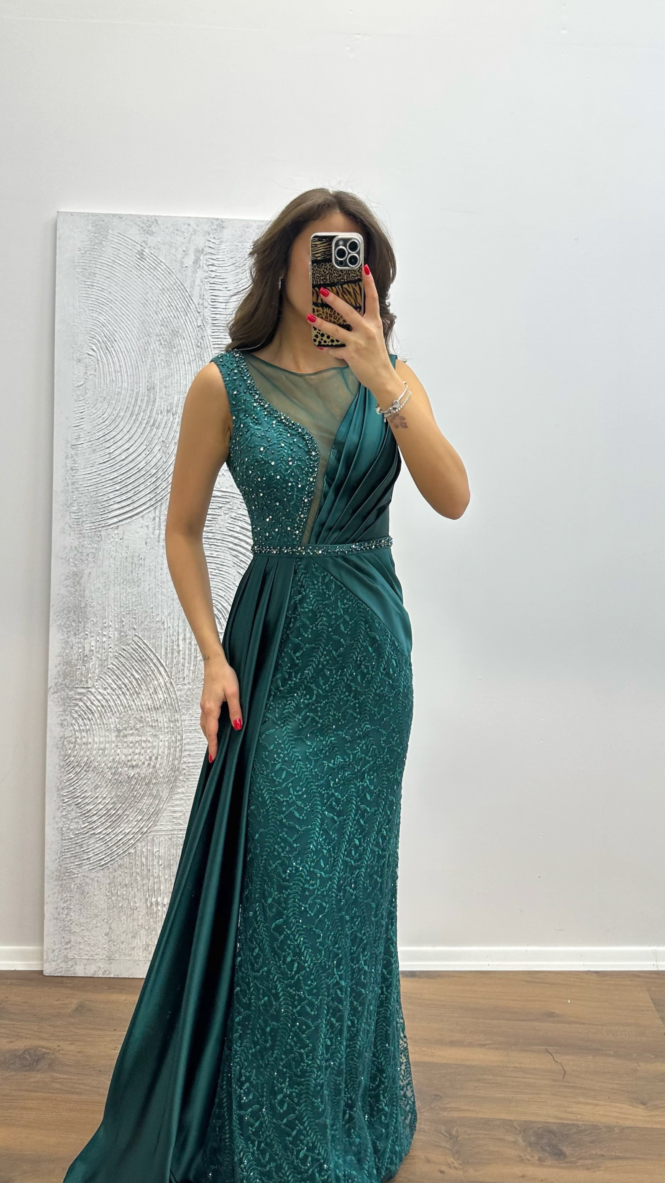 Embroidered Draped Satin Evening Dress