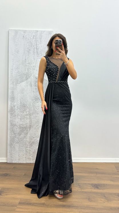 Embroidered Draped Satin Evening Dress