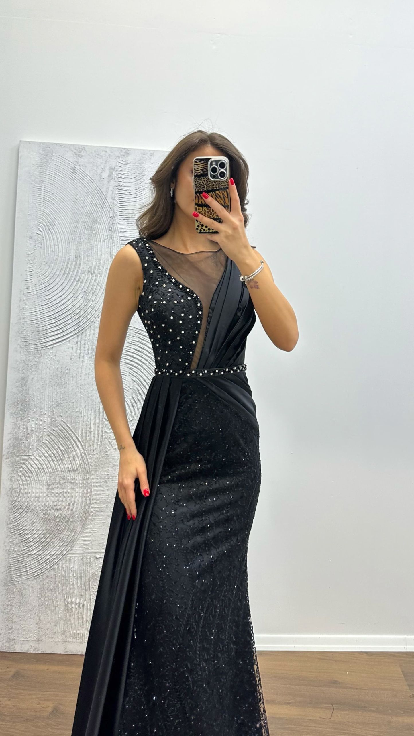 Embroidered Draped Satin Evening Dress