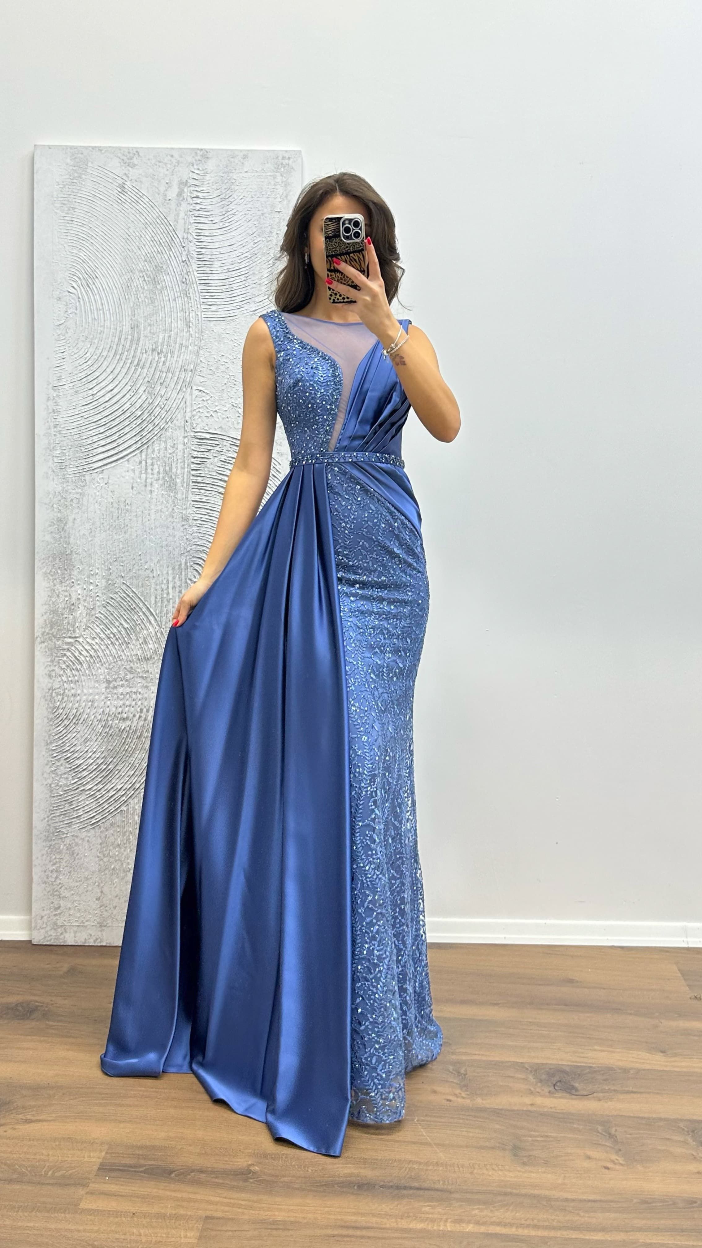 Embroidered Draped Satin Evening Dress