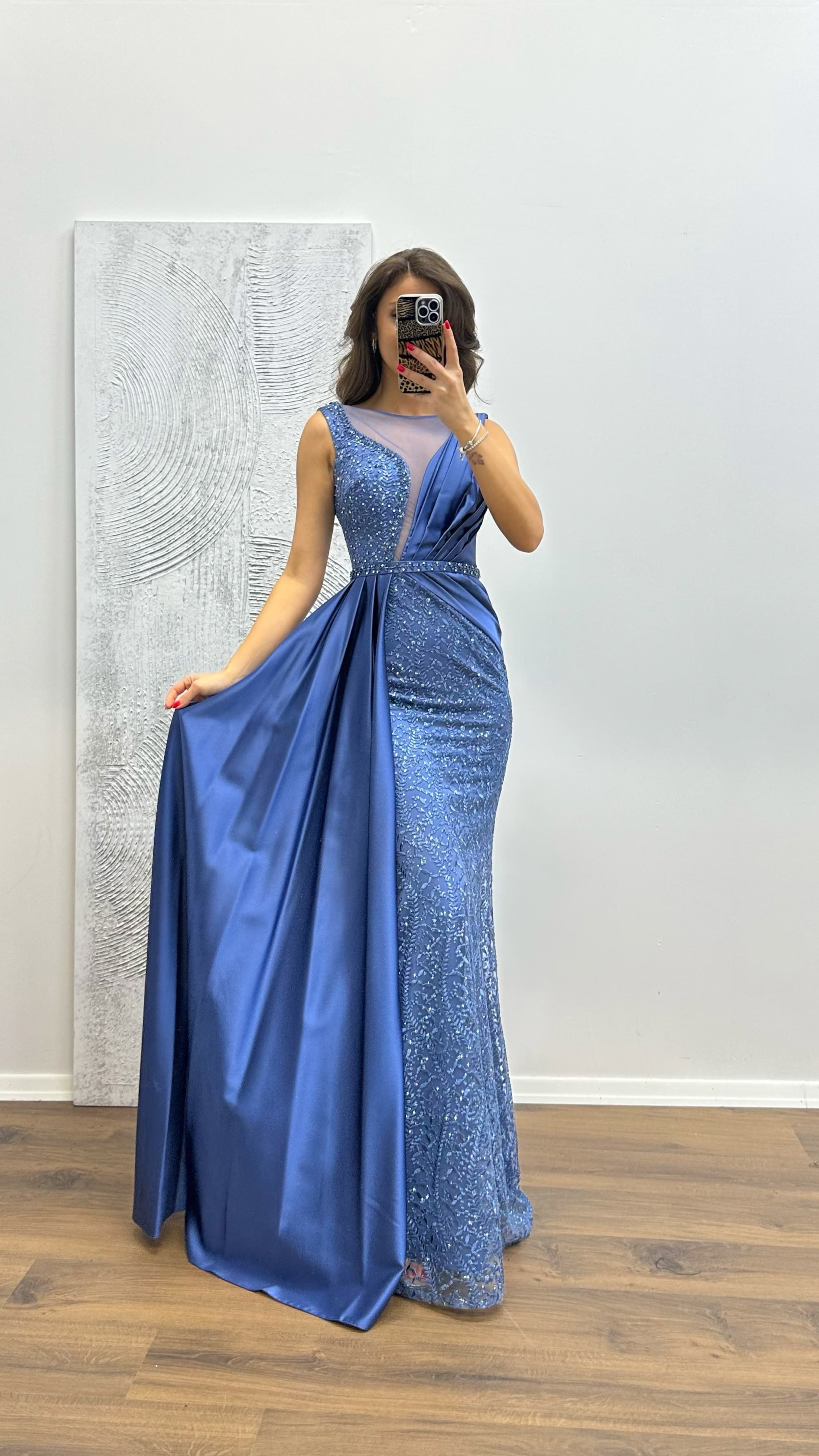 Embroidered Draped Satin Evening Dress