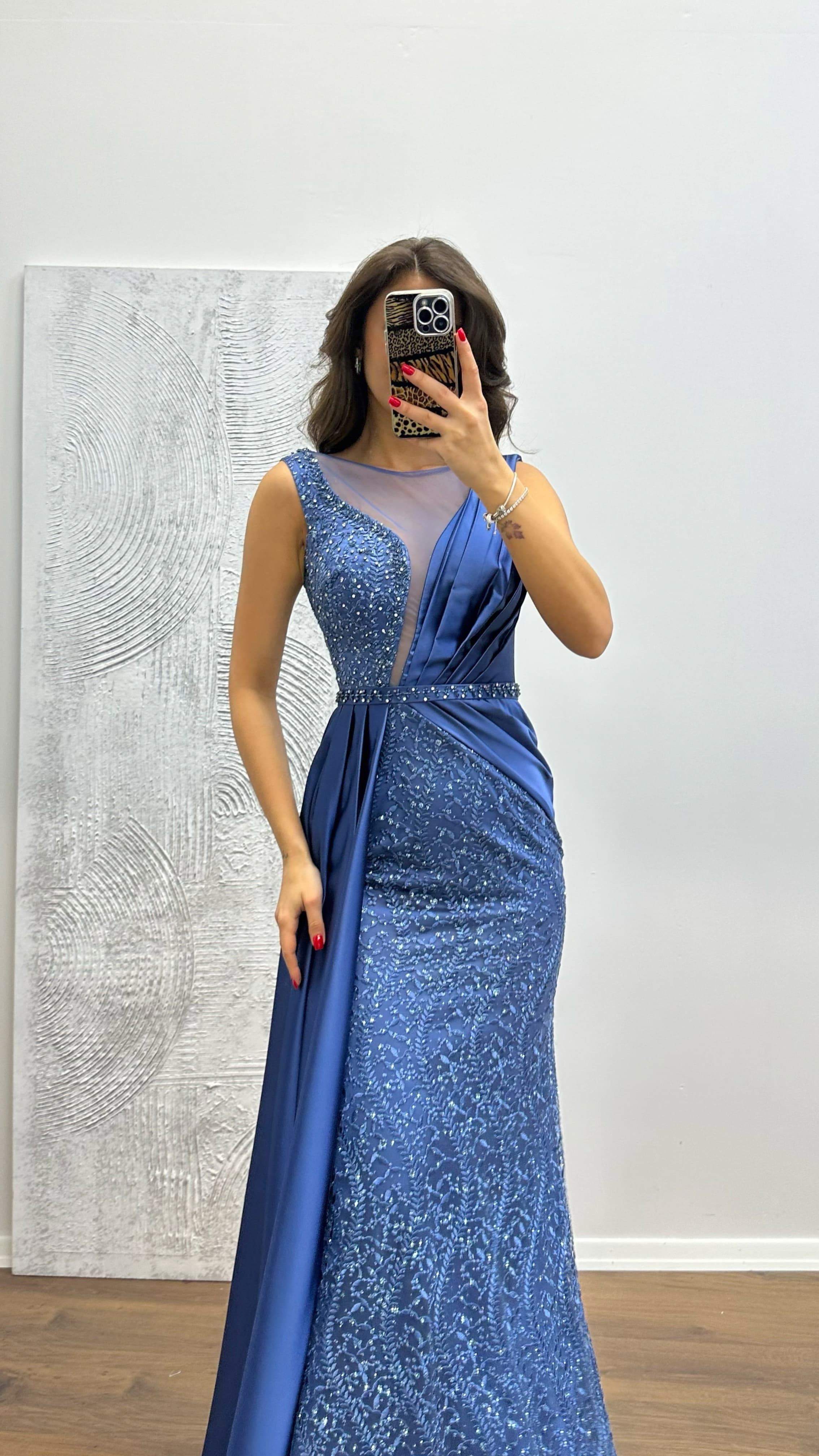 Embroidered Draped Satin Evening Dress