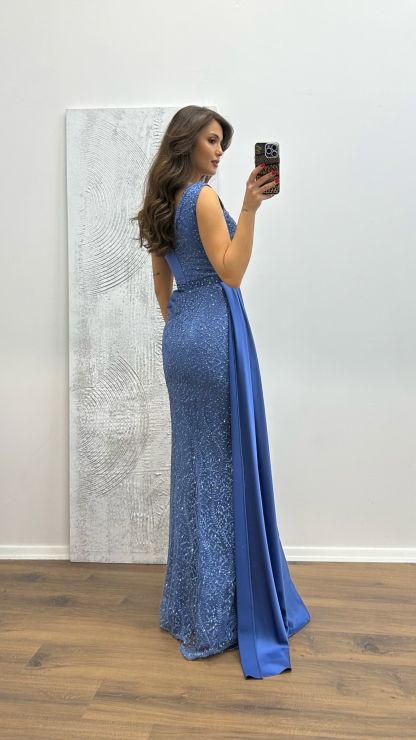 Embroidered Draped Satin Evening Dress
