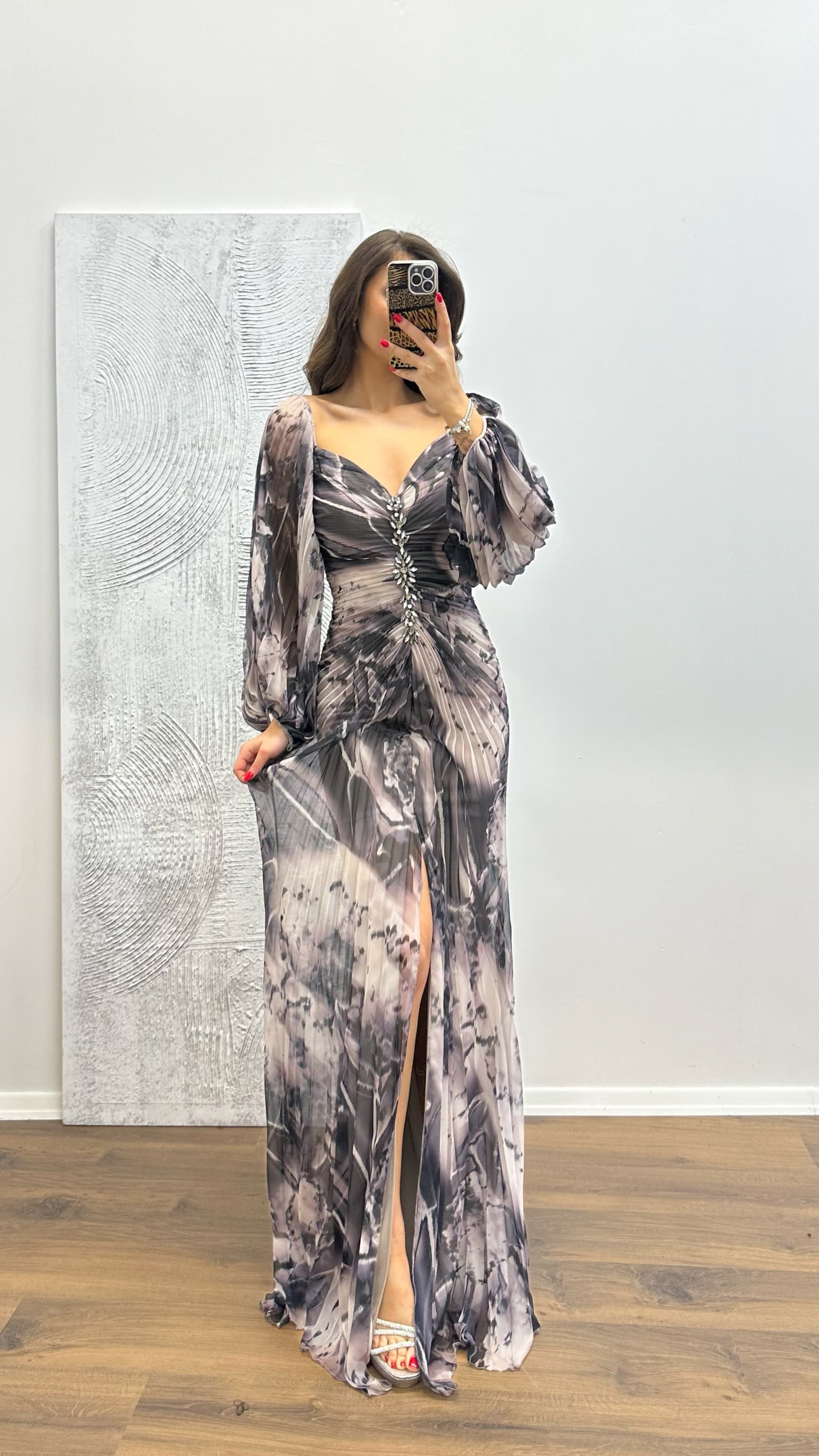 Balloon Sleeve Brooch Detail Evening Dress