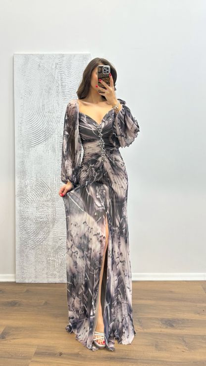 Balloon Sleeve Brooch Detail Evening Dress