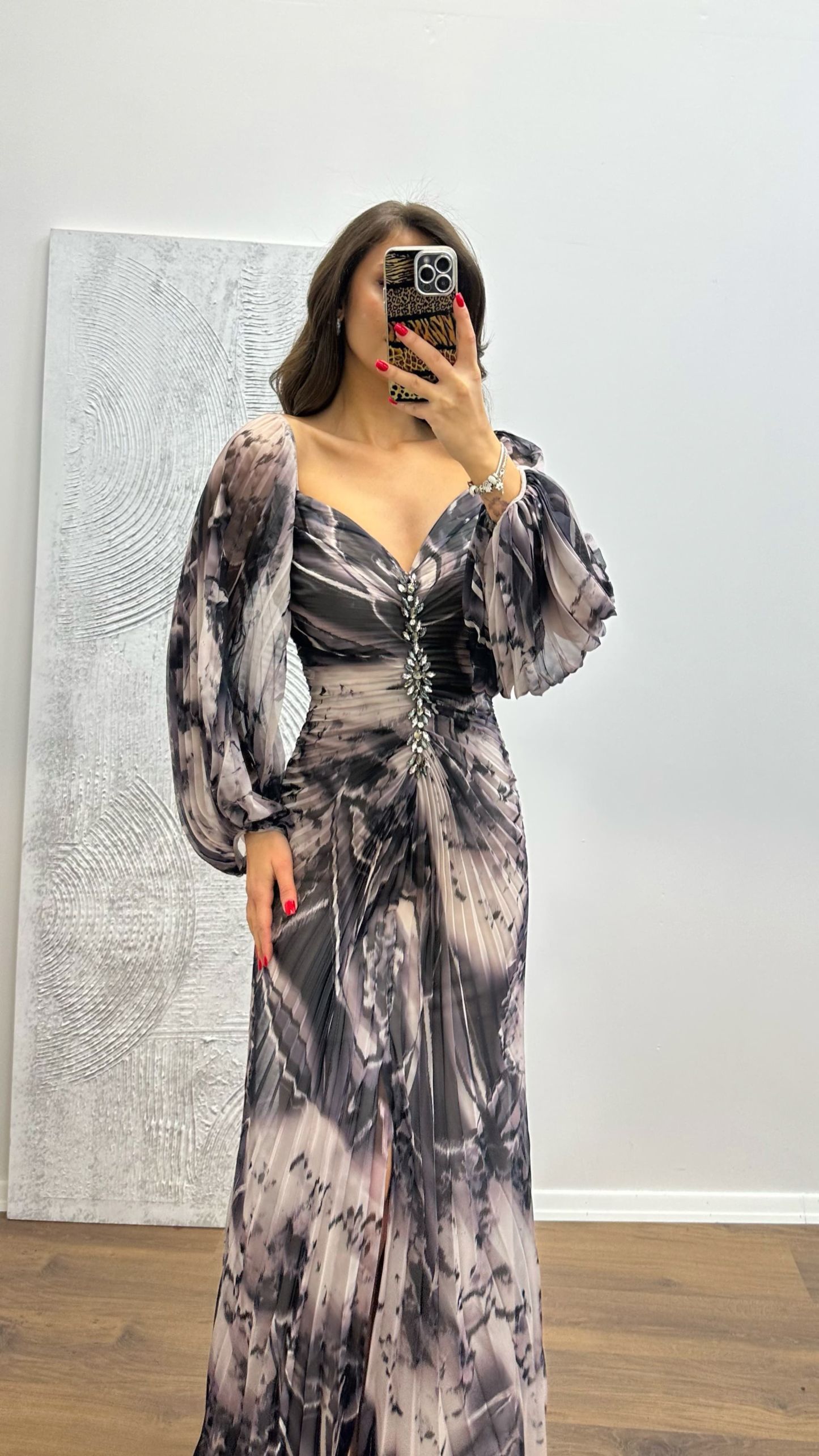 Balloon Sleeve Brooch Detail Evening Dress