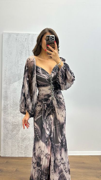 Balloon Sleeve Brooch Detail Evening Dress