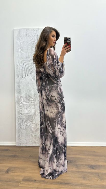 Balloon Sleeve Brooch Detail Evening Dress