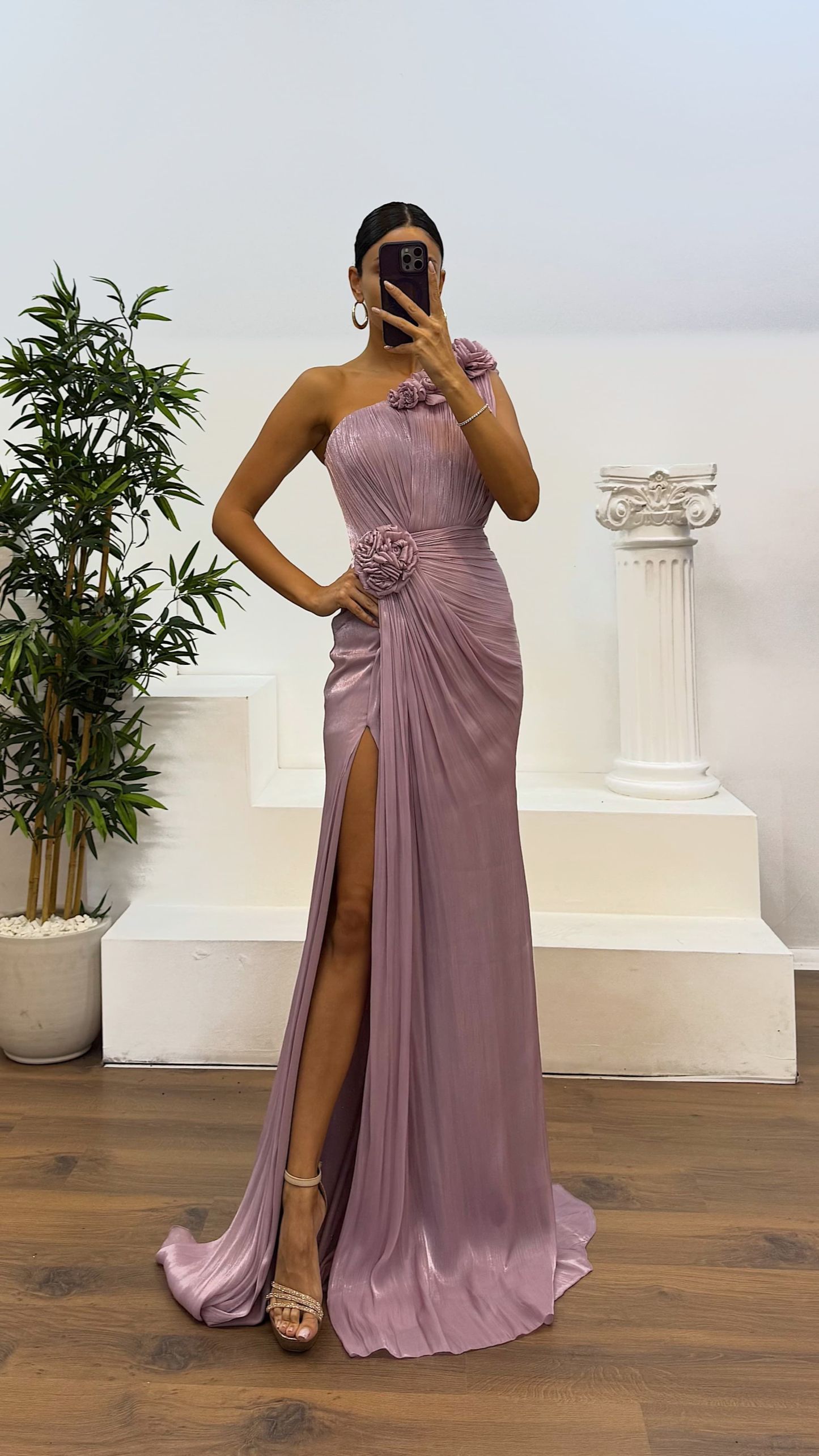 One-Shoulder Floral Detail Evening Dress