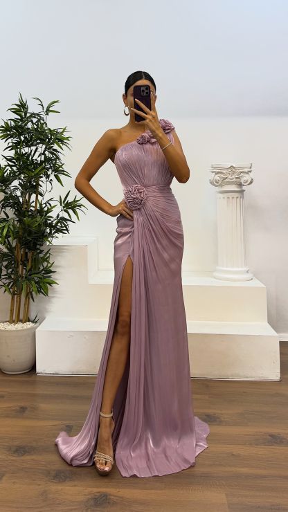 One-Shoulder Floral Detail Evening Dress