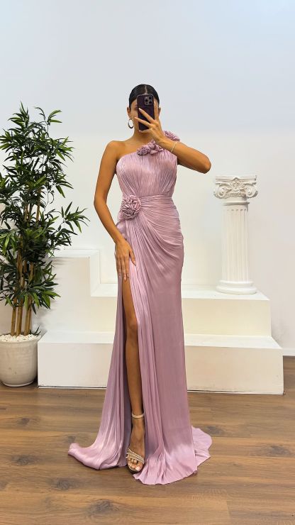 One-Shoulder Floral Detail Evening Dress