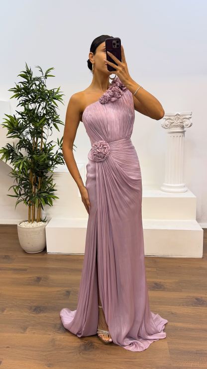 One-Shoulder Floral Detail Evening Dress