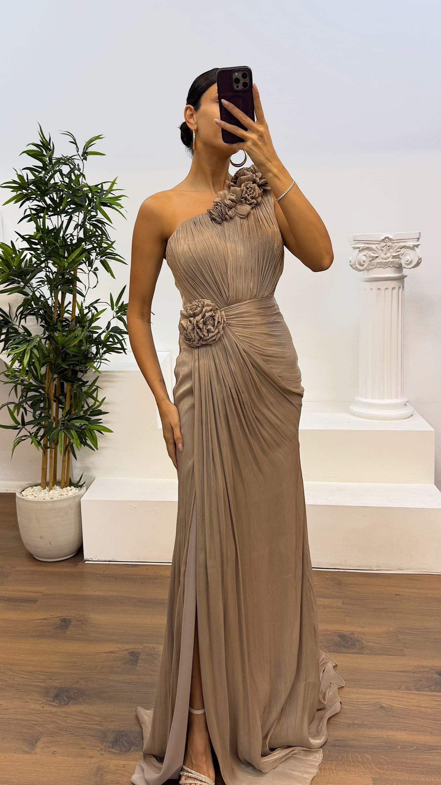 One-Shoulder Floral Detail Evening Dress