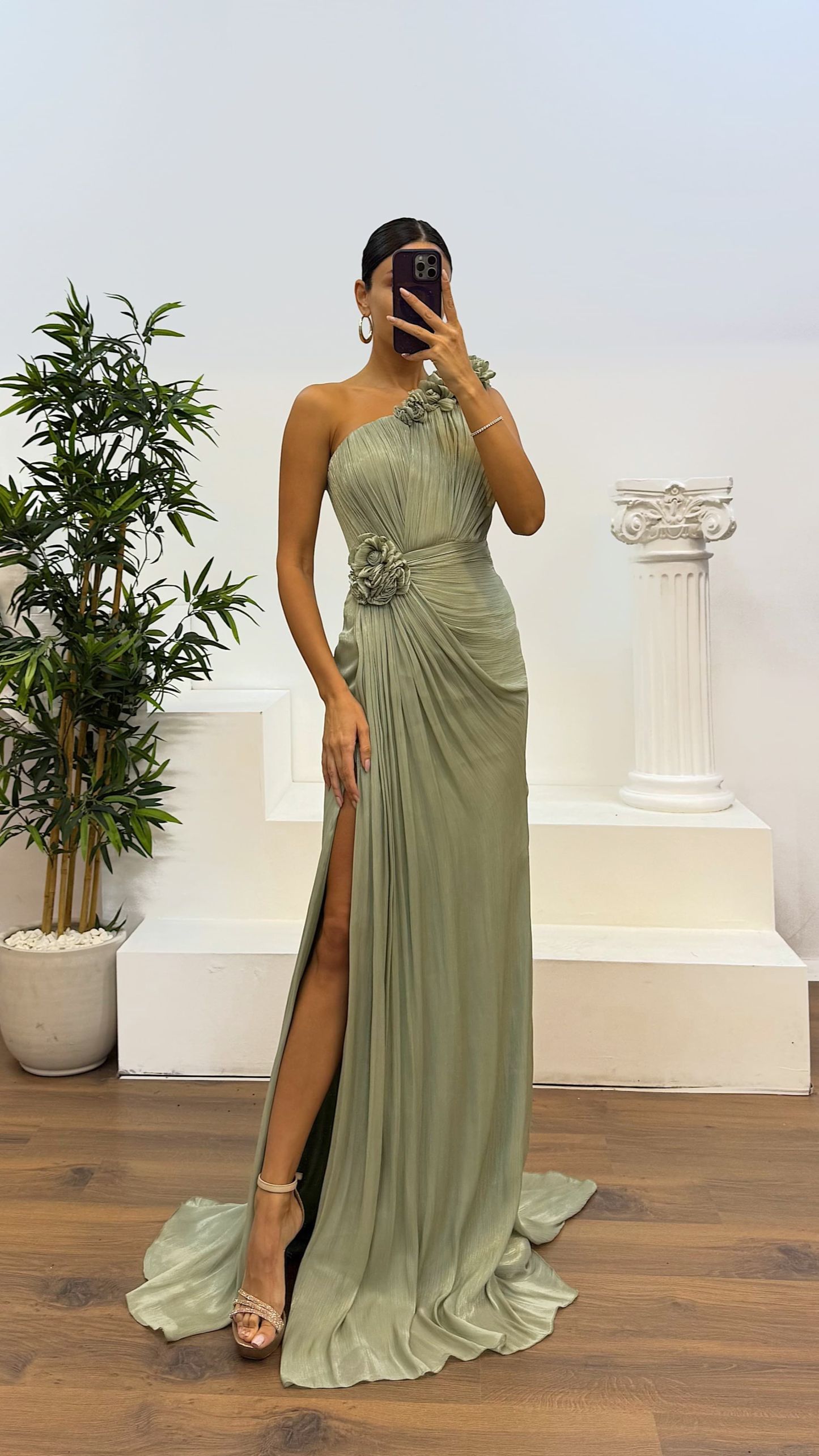 One-Shoulder Floral Detail Evening Dress