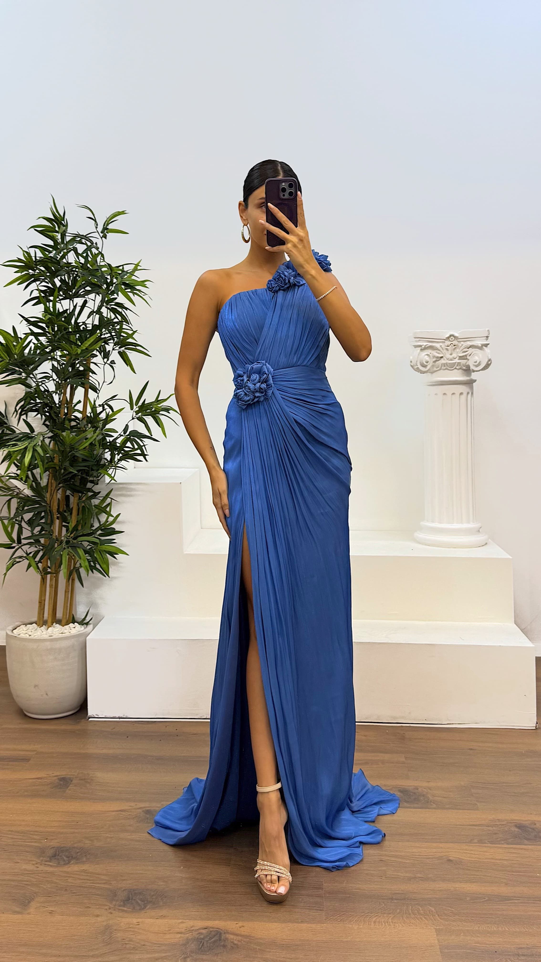 One-Shoulder Floral Detail Evening Dress