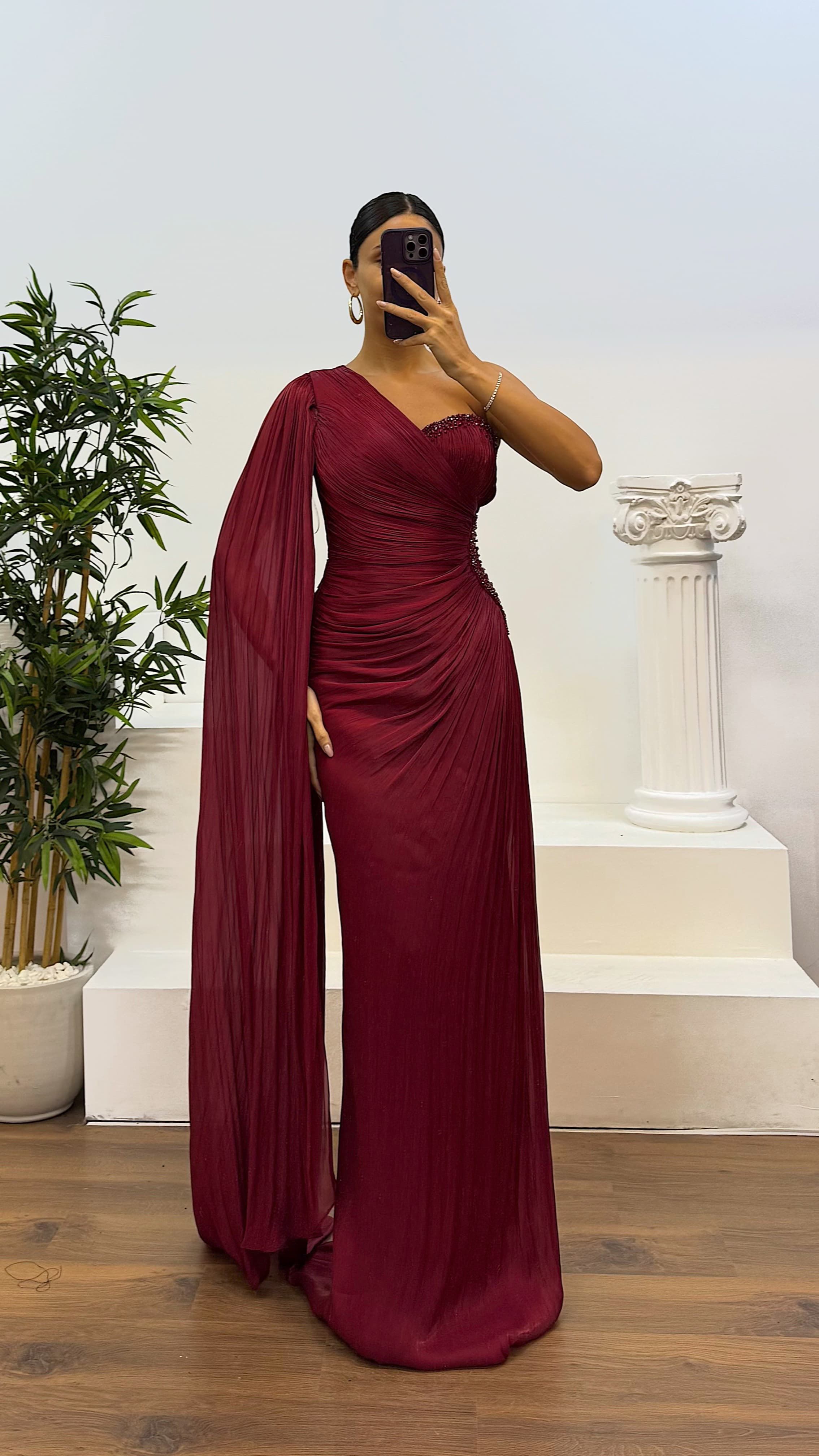 Single Sleeve Waist Detail Evening Dress