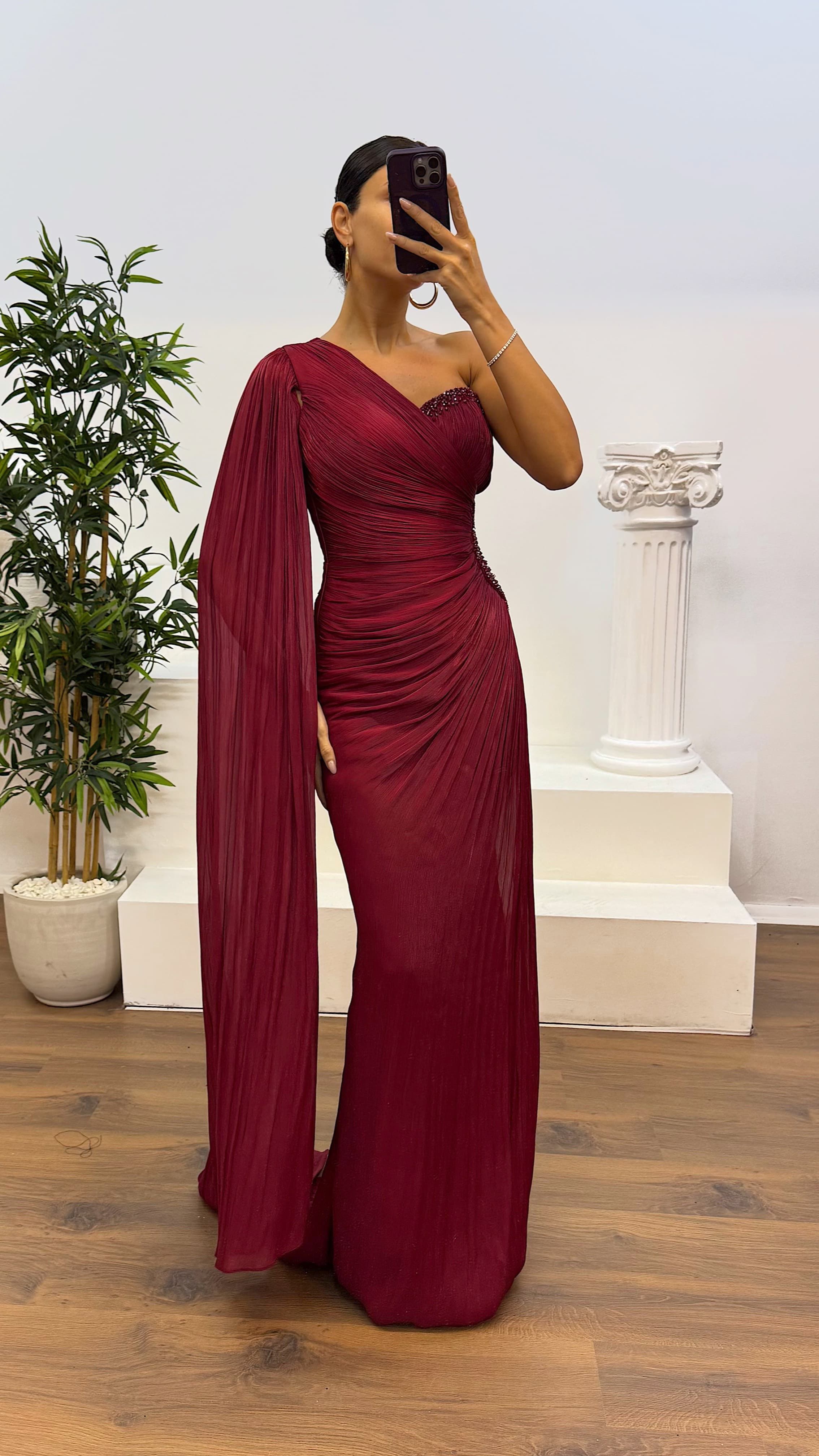 Single Sleeve Waist Detail Evening Dress