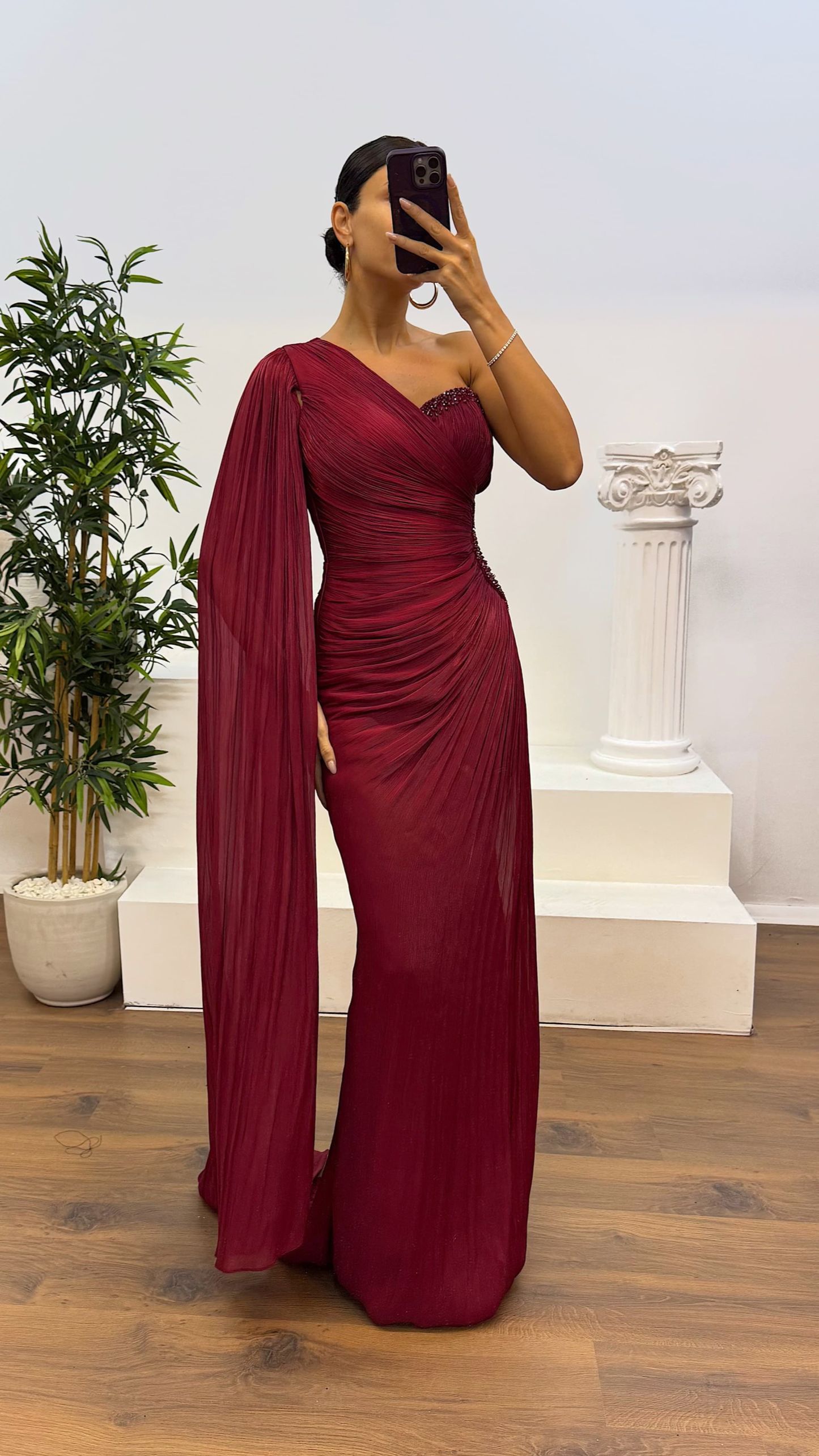 Single Sleeve Waist Detail Evening Dress