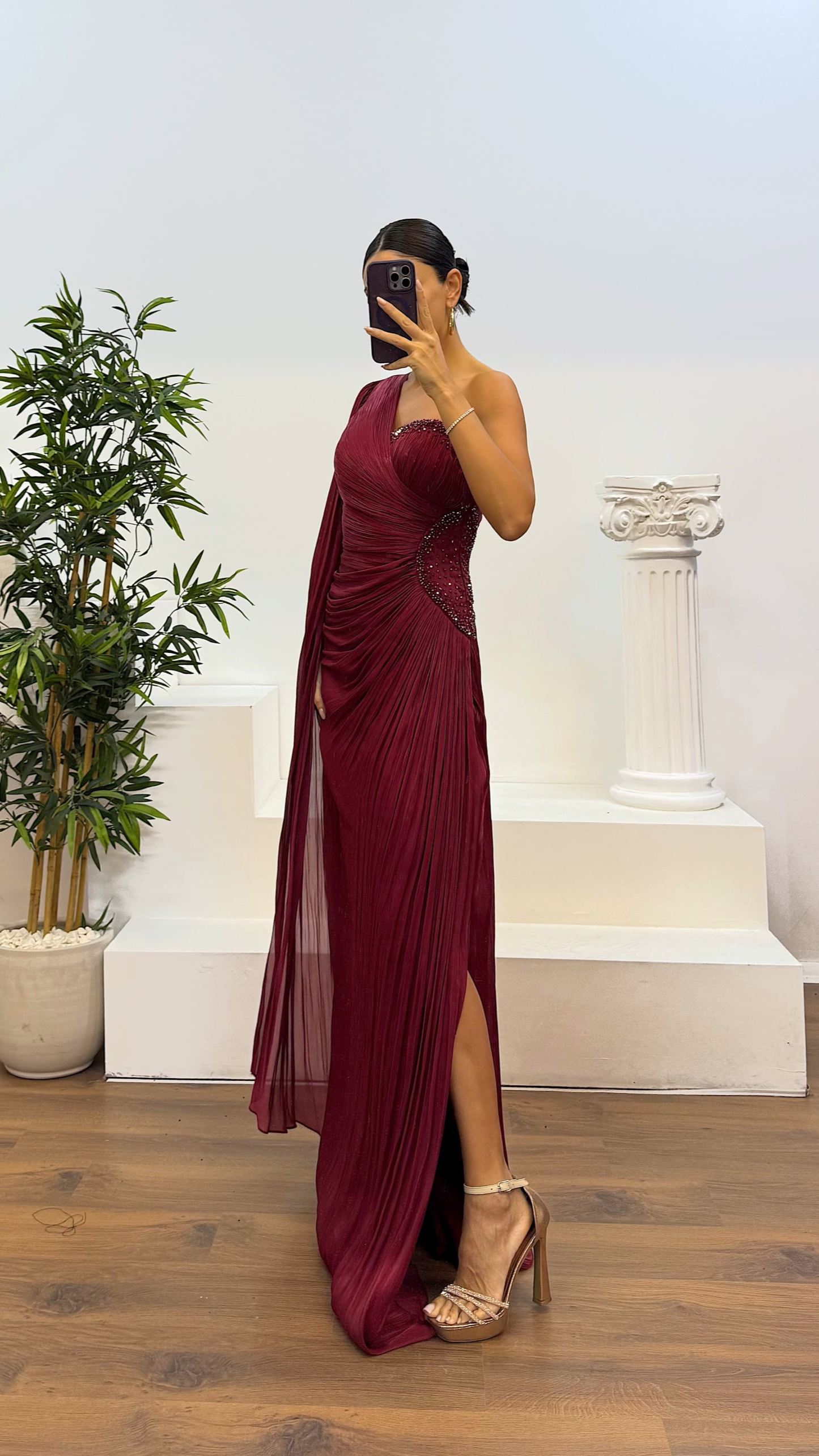 Single Sleeve Waist Detail Evening Dress