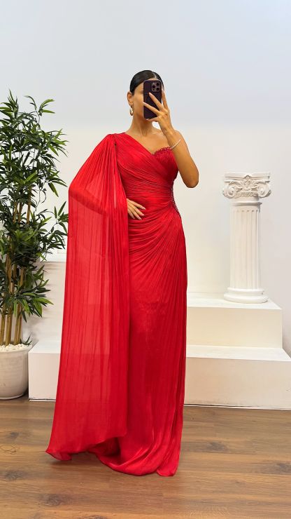 Single Sleeve Waist Detail Evening Dress