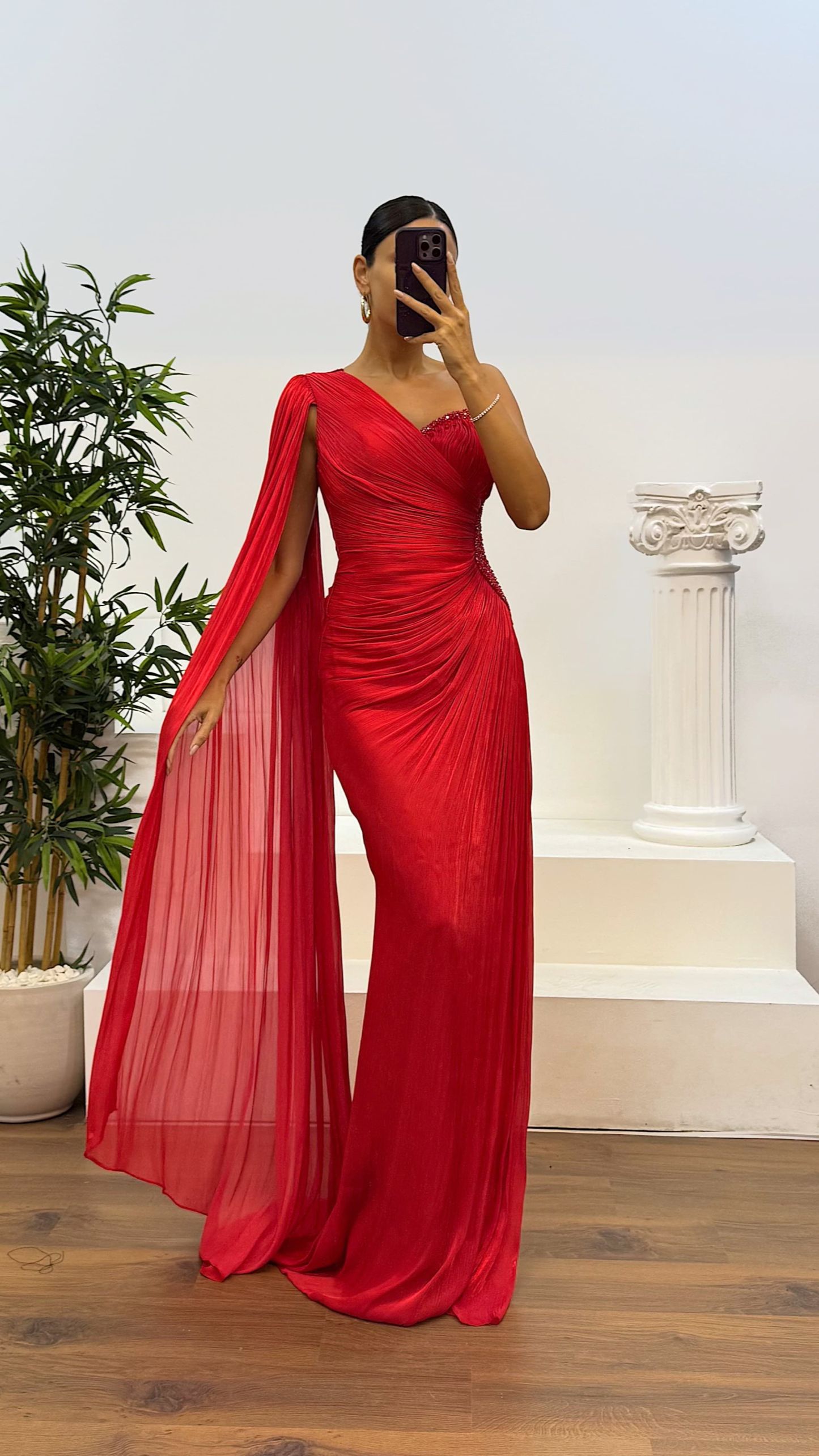 Single Sleeve Waist Detail Evening Dress