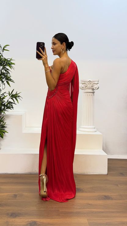 Single Sleeve Waist Detail Evening Dress