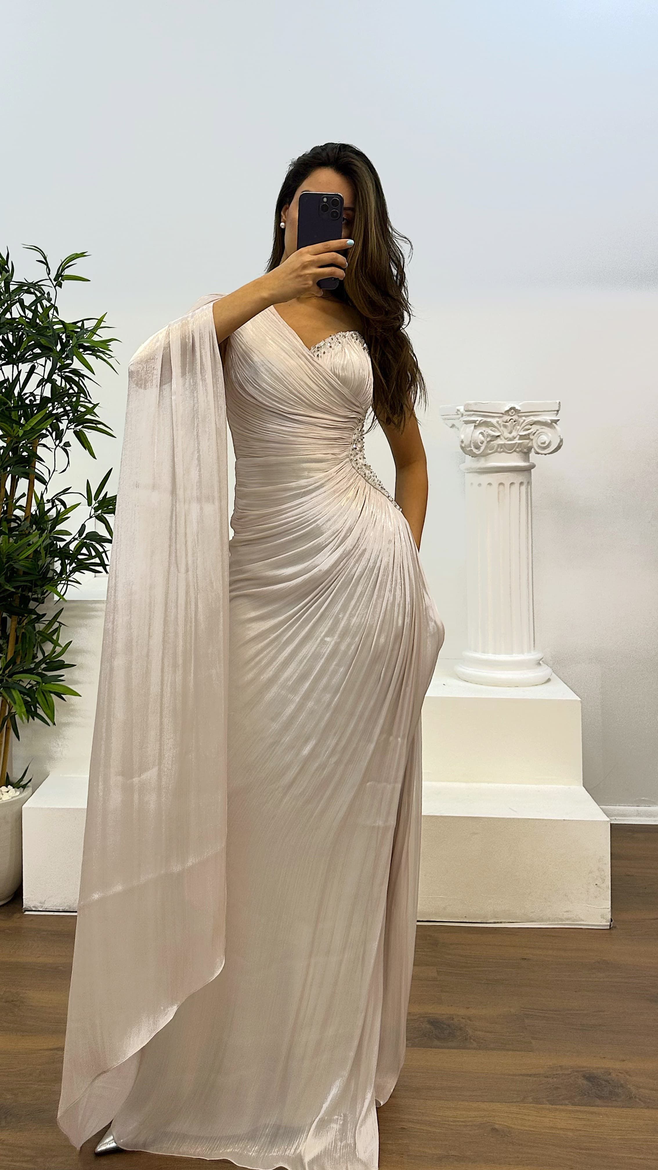 Single Sleeve Waist Detail Evening Dress