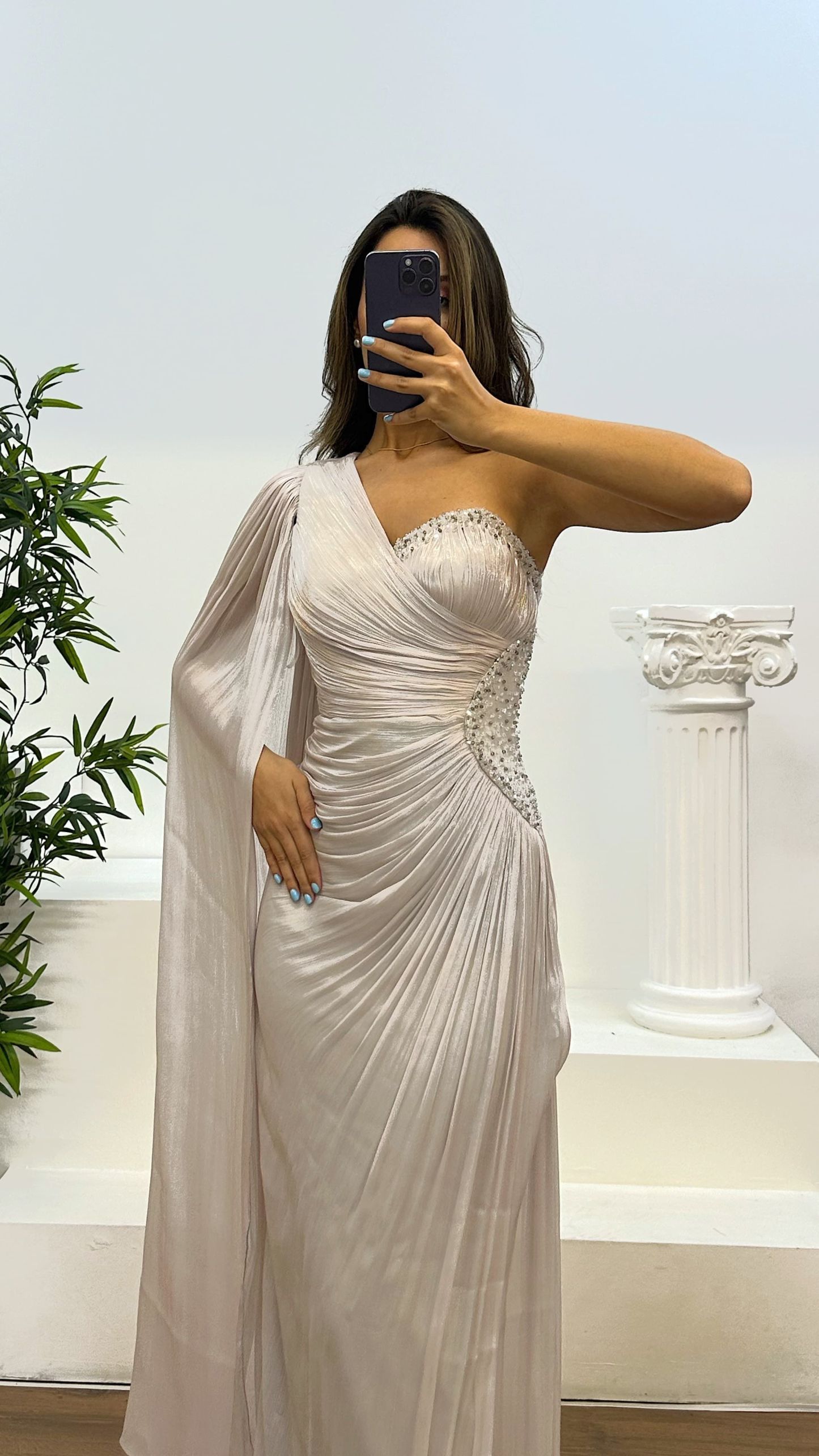 Single Sleeve Waist Detail Evening Dress