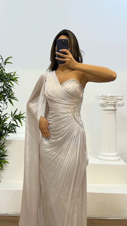 Single Sleeve Waist Detail Evening Dress