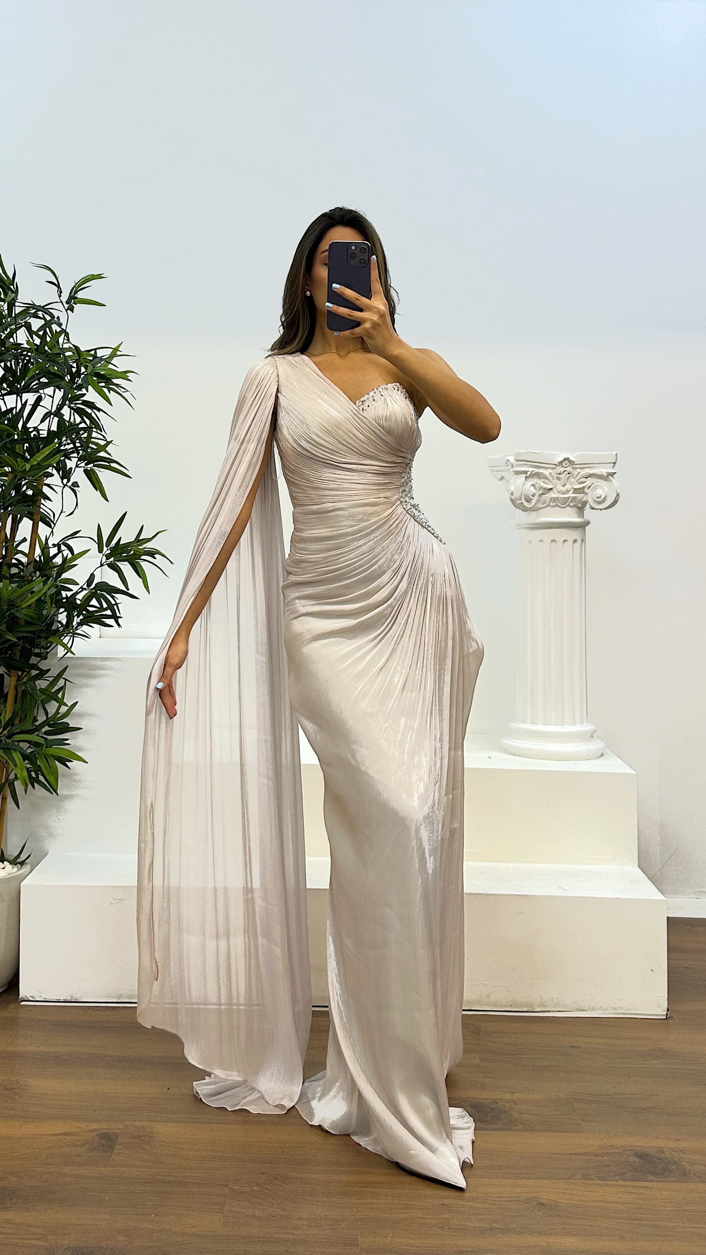 Single Sleeve Waist Detail Evening Dress