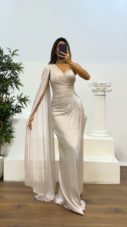 Single Sleeve Waist Detail Evening Dress