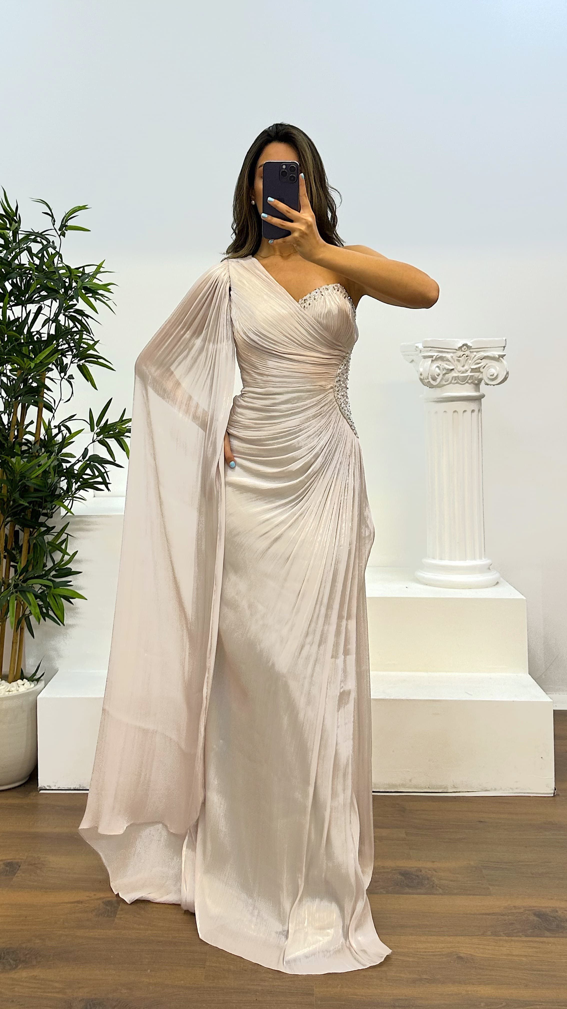 Single Sleeve Waist Detail Evening Dress