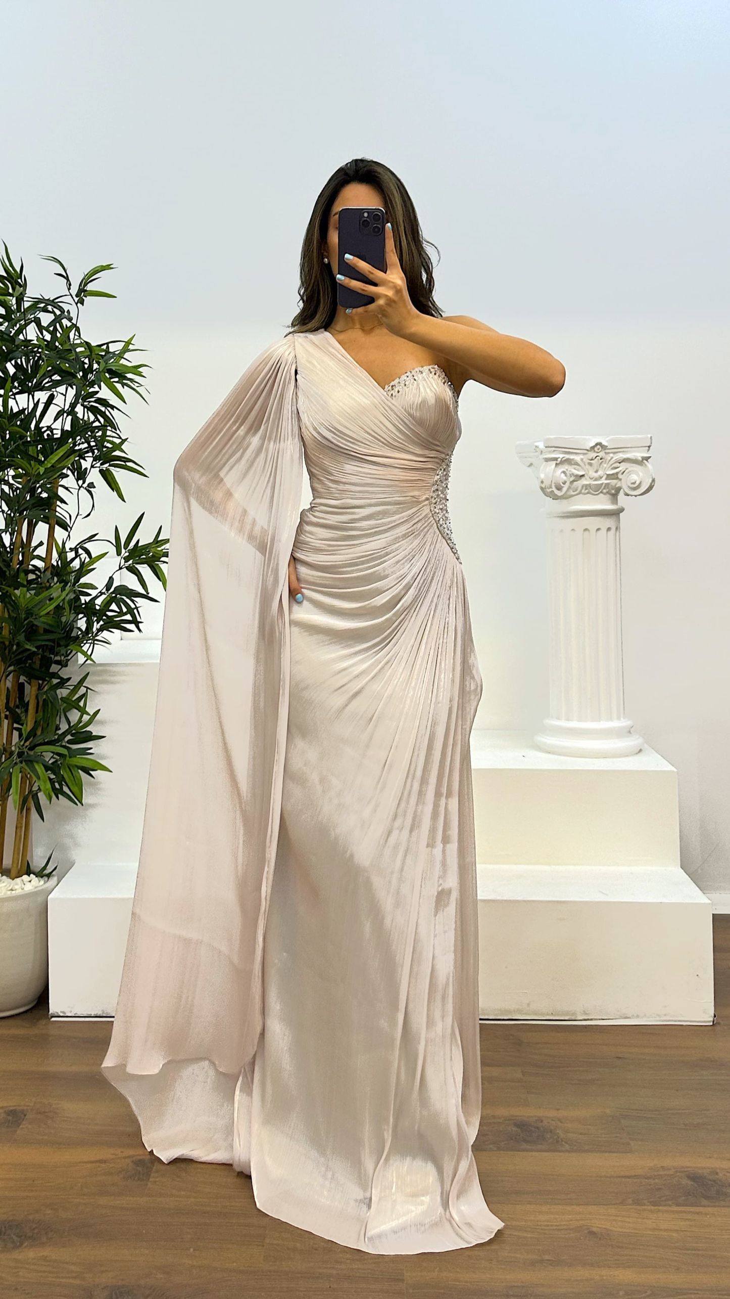 Single Sleeve Waist Detail Evening Dress