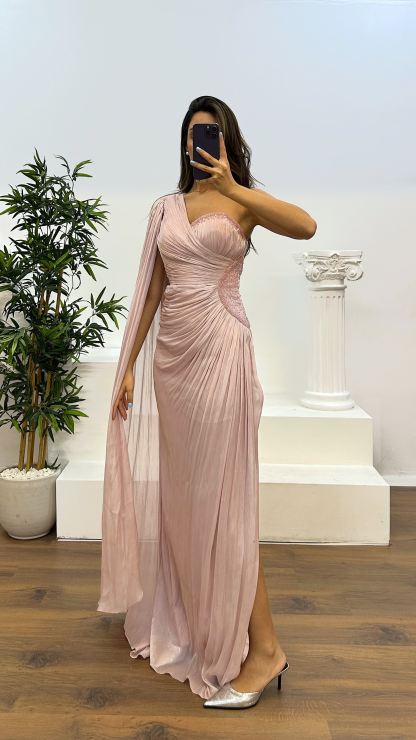 Single Sleeve Waist Detail Evening Dress