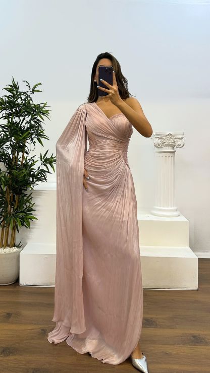 Single Sleeve Waist Detail Evening Dress