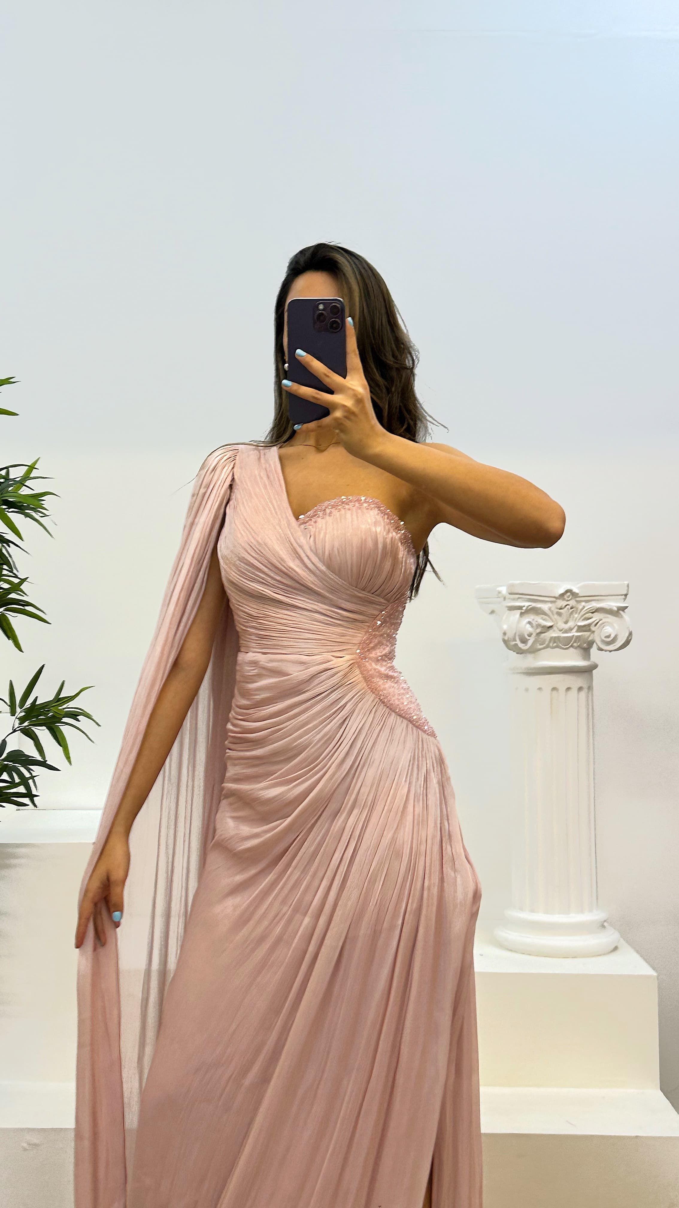 Single Sleeve Waist Detail Evening Dress