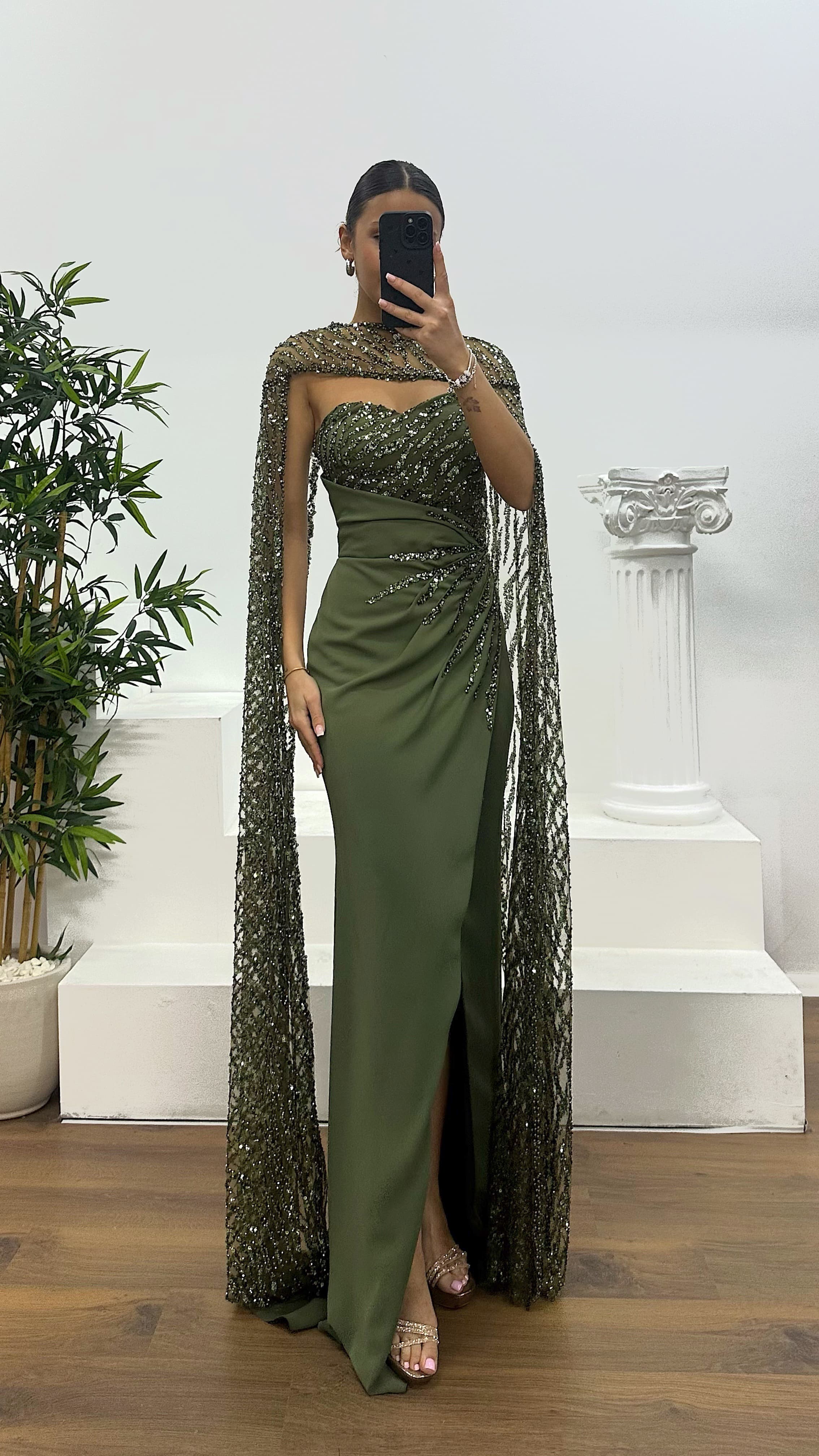 Strapless Embroidered Cape Evening Dress