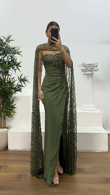 Strapless Embroidered Cape Evening Dress