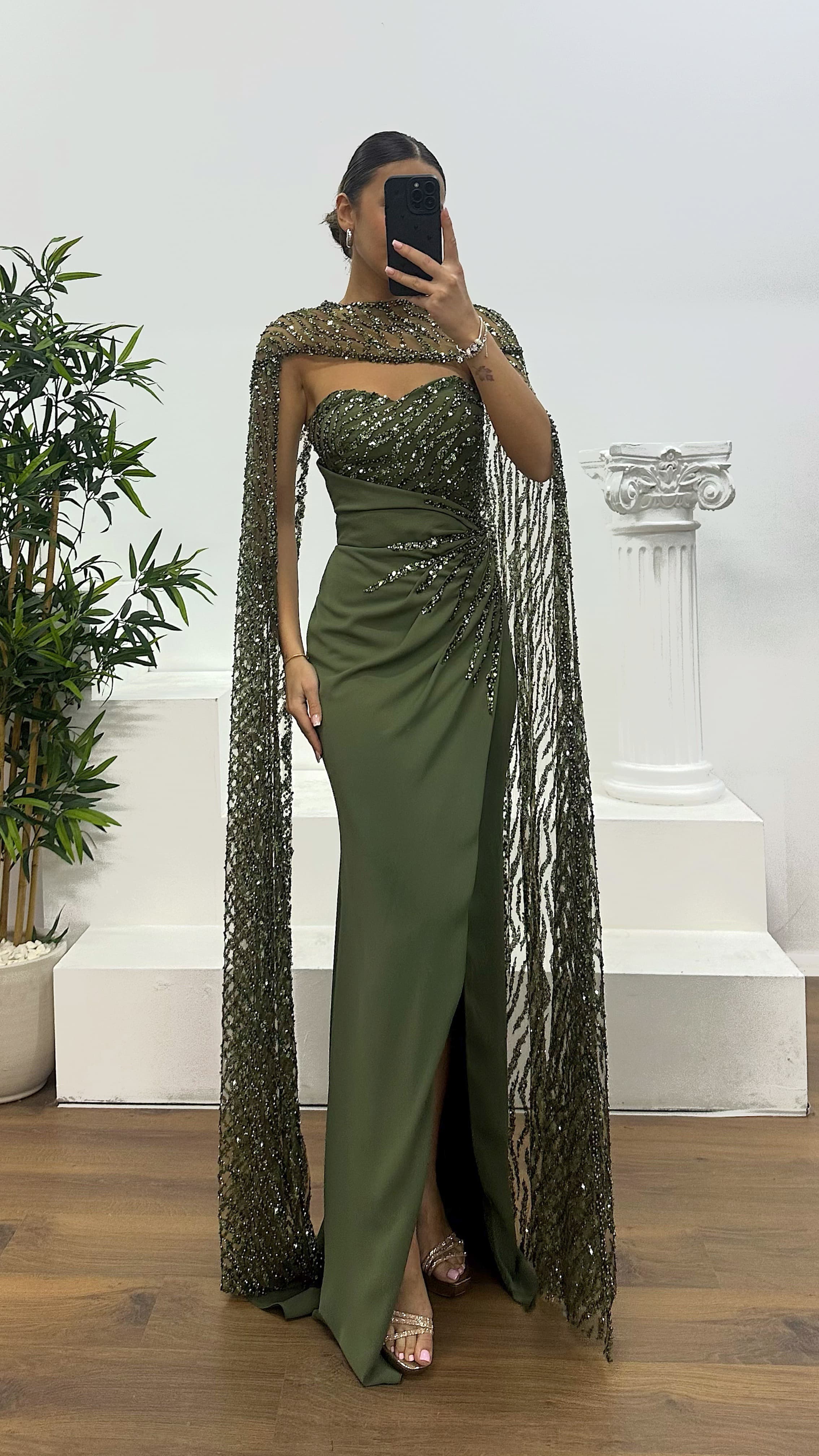 Strapless Embroidered Cape Evening Dress